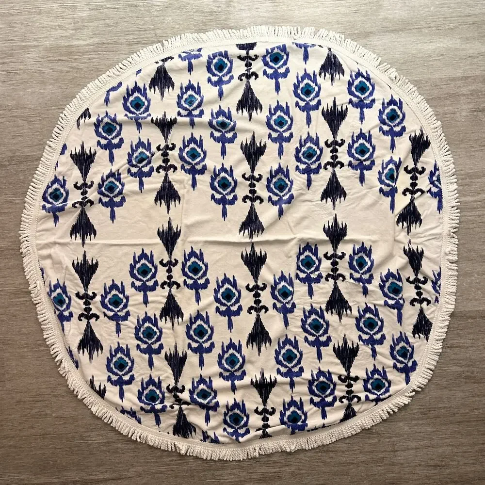 SwimZip White/Blue Ikat Pattern Fringe Trim Terry Cloth Round Beach Towel 60”
